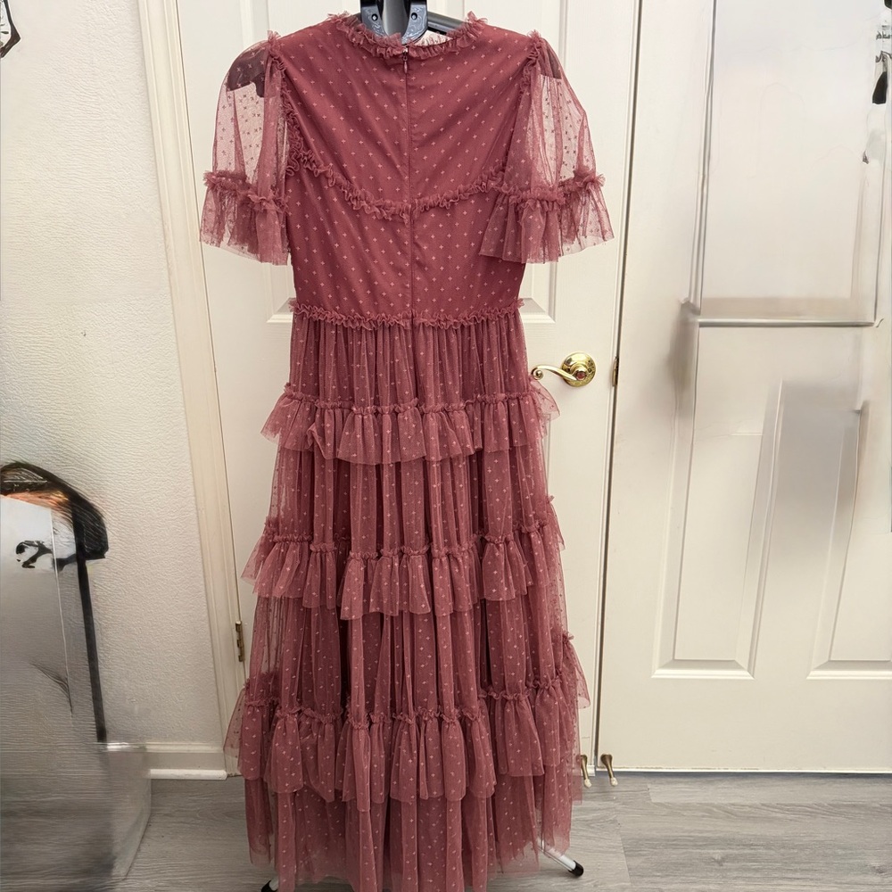 Ivy city co Elegant Mauve Tiered Midi Dress with Sheer Sleeves - Picture 7 of 13